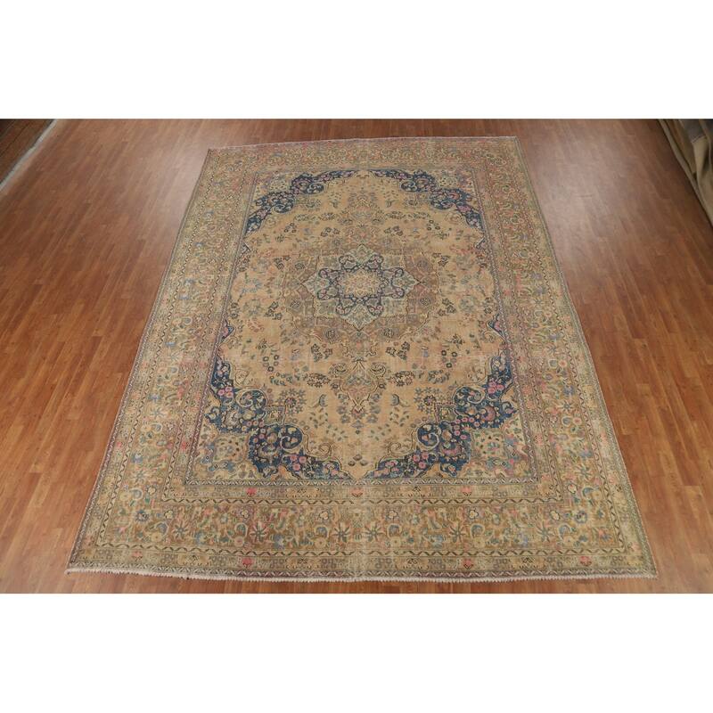 Mashad Persian Vintage Rug Hand-Knotted Traditional Wool Carpet - 9'7" x 12'10"
