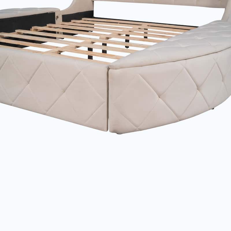 Queen Size Upholstered Platform Bed with Wingback Headboard and 1 Big Drawer,2 Side Storage Stool