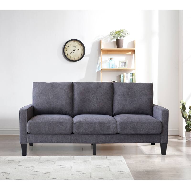 Living Room 3-Seater Sofa, 75" Dark Grey Living Room Couch for 3, Upholstered Loveseat Sofa with Solid Wood Legs