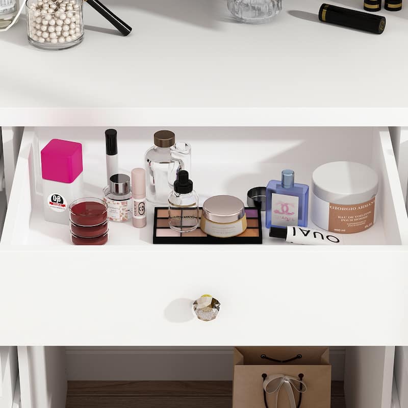 White Makeup Vanity - LED Mirror, USB-Powered Lights, Dresser Table