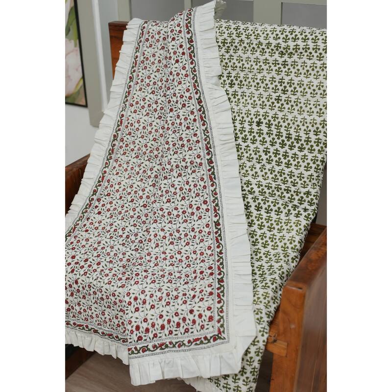 Fabdivine Handmade Cotton Quilt - Green Grey Floral Block Print, Reversible Layering Quilt, Artisan Bedspread, Heritage Textile