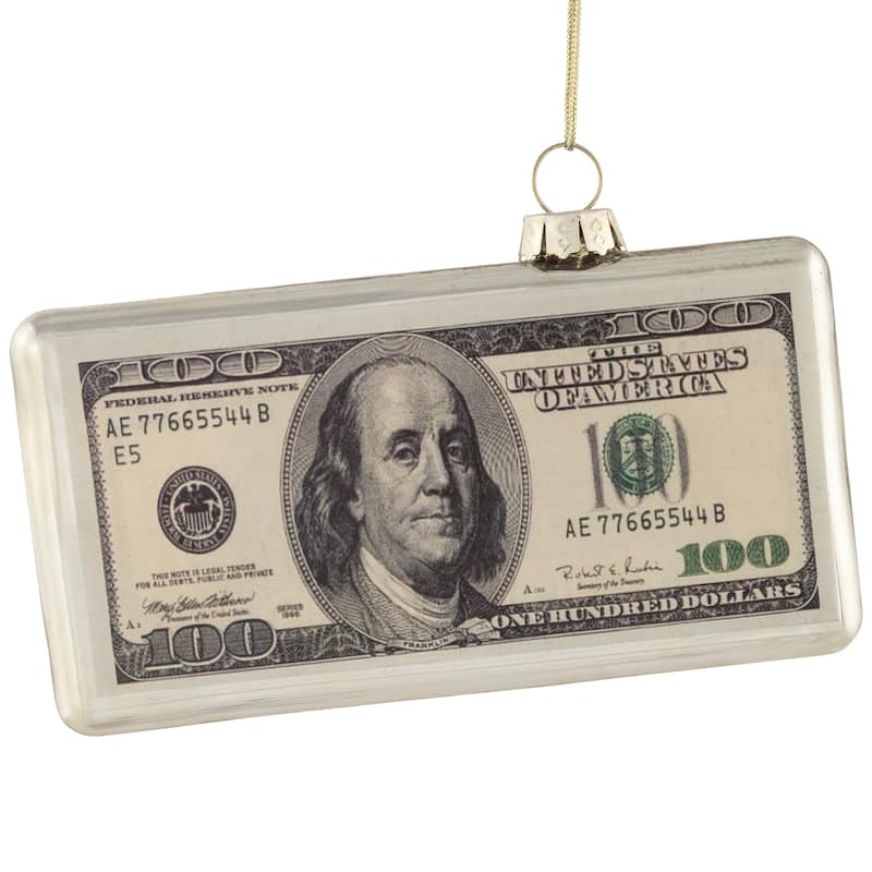4.5" Silver 100 Dollar Bill Glass Christmas Ornament