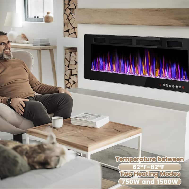 BOSSIN Electric Fireplace Wall Mounted and Recessed with Remote Control, 750/1500W Ultra-Thin Wall Fireplace Heater, Low Noise