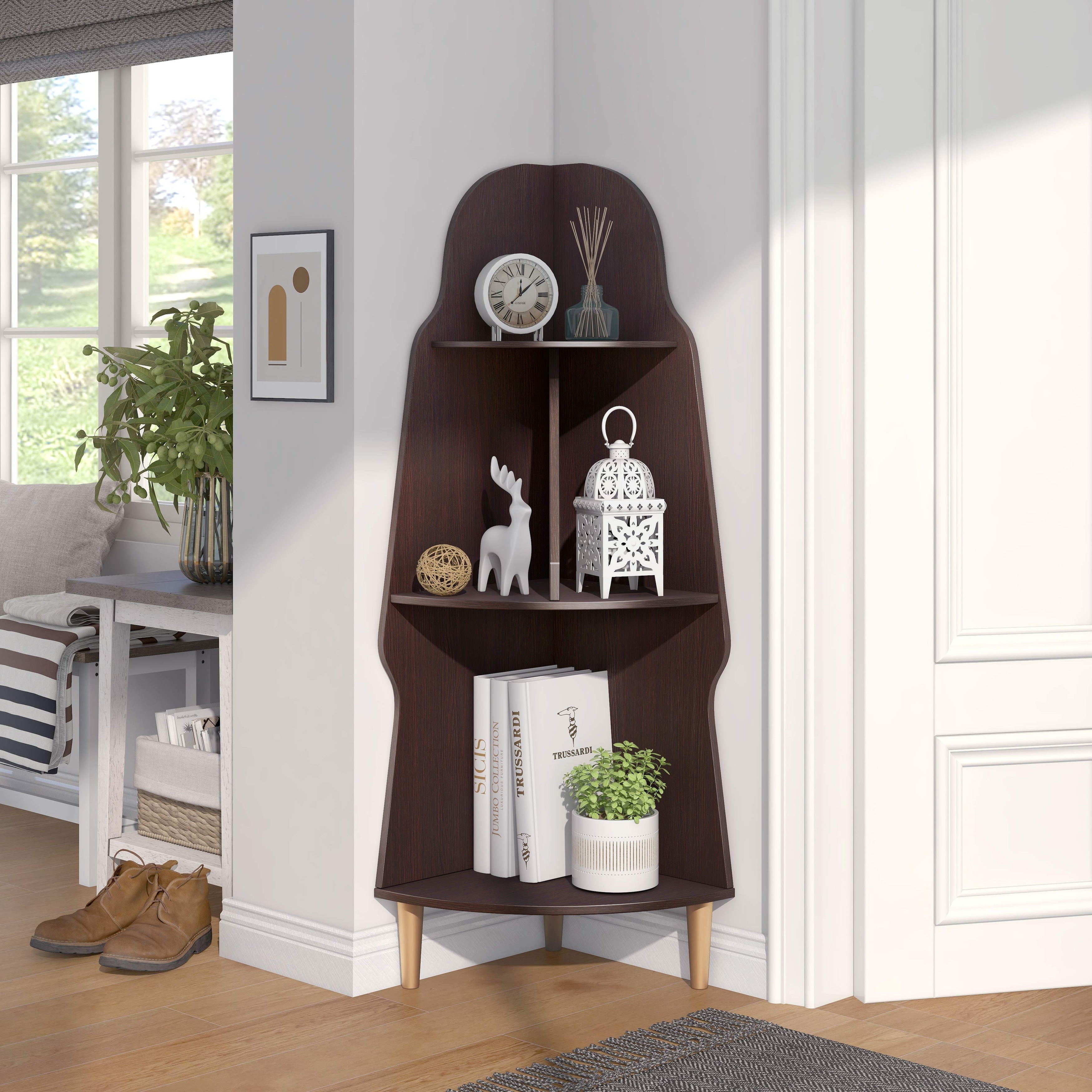 Furniture of America Arissa Modern 3-Tiered Shelves Corner Bookcase with Split Middle Shelf