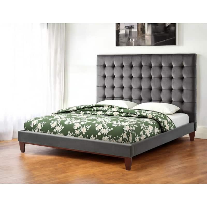 Gray Solid Wood King Tufted Upholstered Velvet Bed