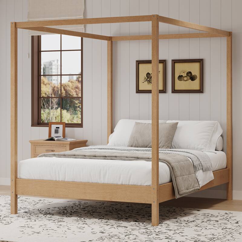 Queen/King Canopy Bed with Slats Support, Solid Wood 4 Poster Platform Bed Frame for Home Apartment, Bedroom Bed Foundation - Natural - King