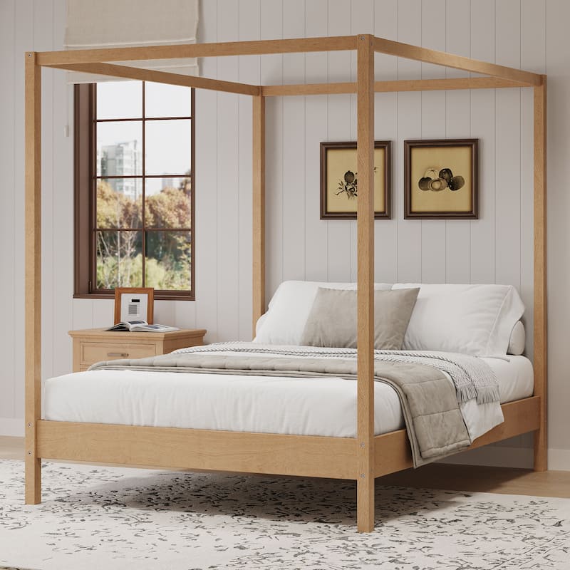 Solid Wood Canopy Bed Frame Four Poster Platform Bed with Slats Support