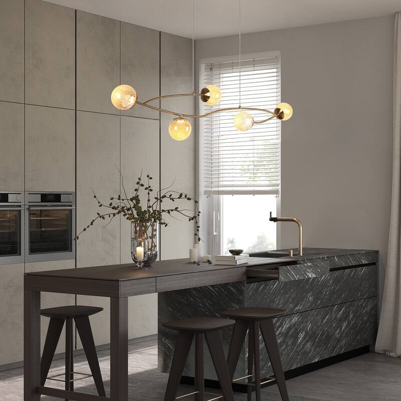 Modern Gold LED 5-Light Linear Art Glass Chandelier Kitchen Island Light - W45" x H71.2" Max