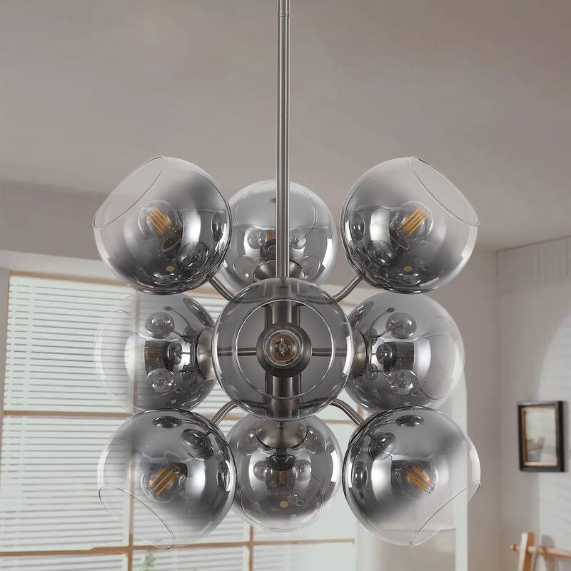 9 - Light Smoked Glass Globe Cluster Chandelier - Sand Nickel - Sand Nickel