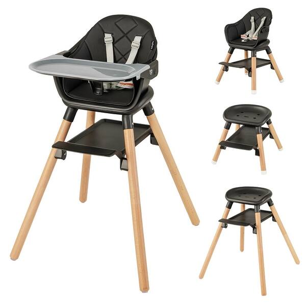 slide 2 of 7, Baby High Chair, 6 in 1 Convertible Wooden High Chair, Double Removable Tray, Safety Harness & Waterproof PU Cushion (Black) Black