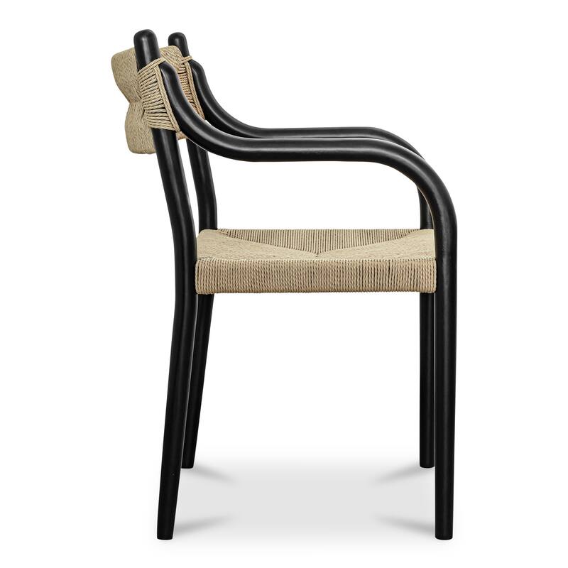 NADAAL STUDIOS Theren Dining Chair, Woven Paper Rope, Curved Arms, Solid Rubber Wood Frame, Black
