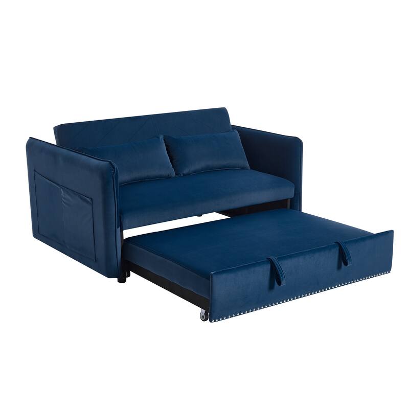 3 in 1 Convertible Sleeper Futon Sofa Bed, 55" Blue Velvet Loveseat with Reclining Backrest and Side Pockets