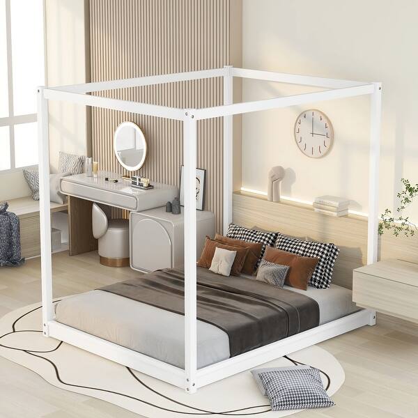 slide 2 of 9, Queen Canopy Platform Kids Bed, Pine Wood Frame, Support Legs and Modern Design, White White