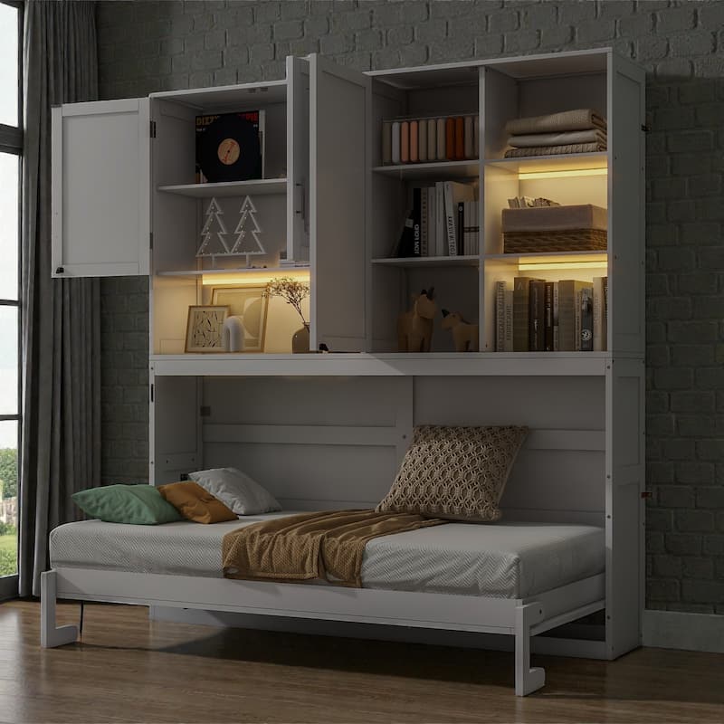 Twin Size Wall Murphy Bed with Top Cabinet, Shelves, Foldable Space-Saving Bed with Light & USB Charging Port