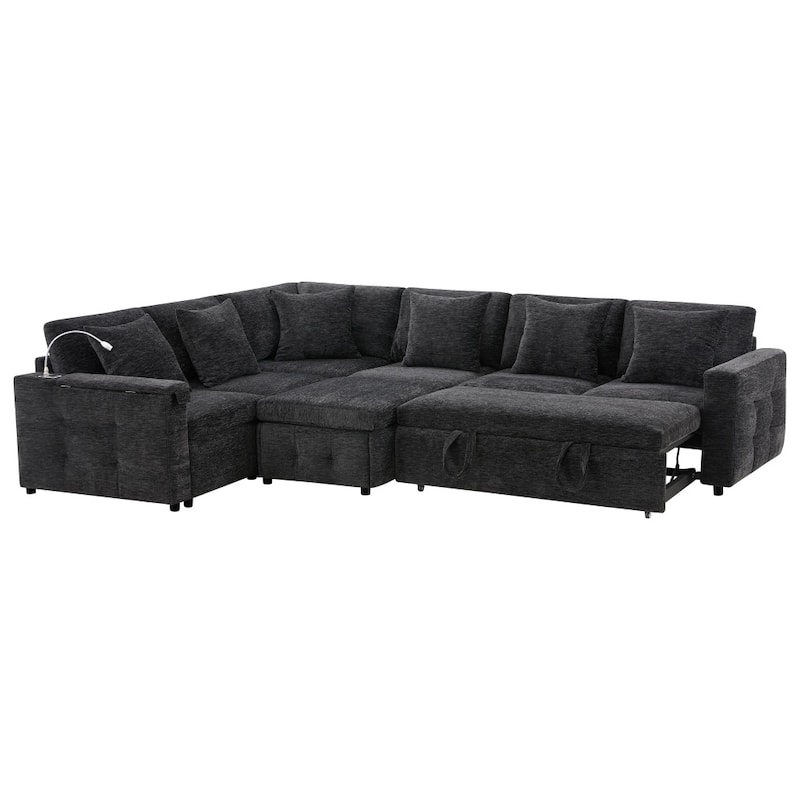 117" Modular Sectional Pull-out Sofa Bed with Flip-up Table Panel, Reading Lamp and Charging Ports