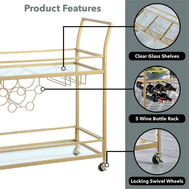 FirsTime & Co. Francesca Bar Cart, Metal Frame, Wood/Glass Top