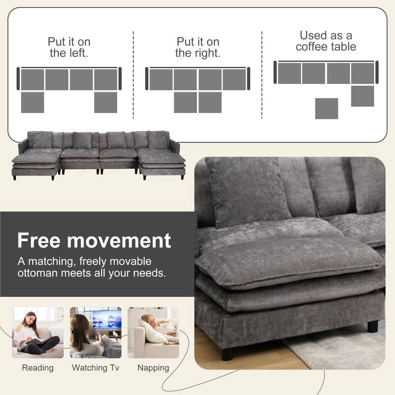 Velvet Loveseat Sofa, Lounge Sofa with High-Density Sponge Cushion, Sectional Sofa with Removable Ottoman