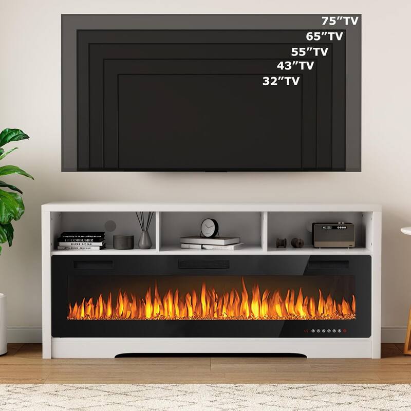 BOSSIN 65" Electric Fireplace TV Stand , Entertainment Center for TVs up to 75" with Open Shelves Storage for Living Room