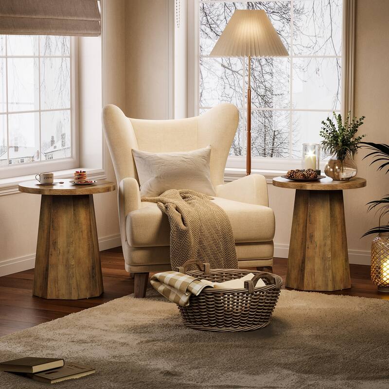 Round End Table, Wooden Couch Side Table, Nightstand Accent Furniture for Living Room, Bedroom