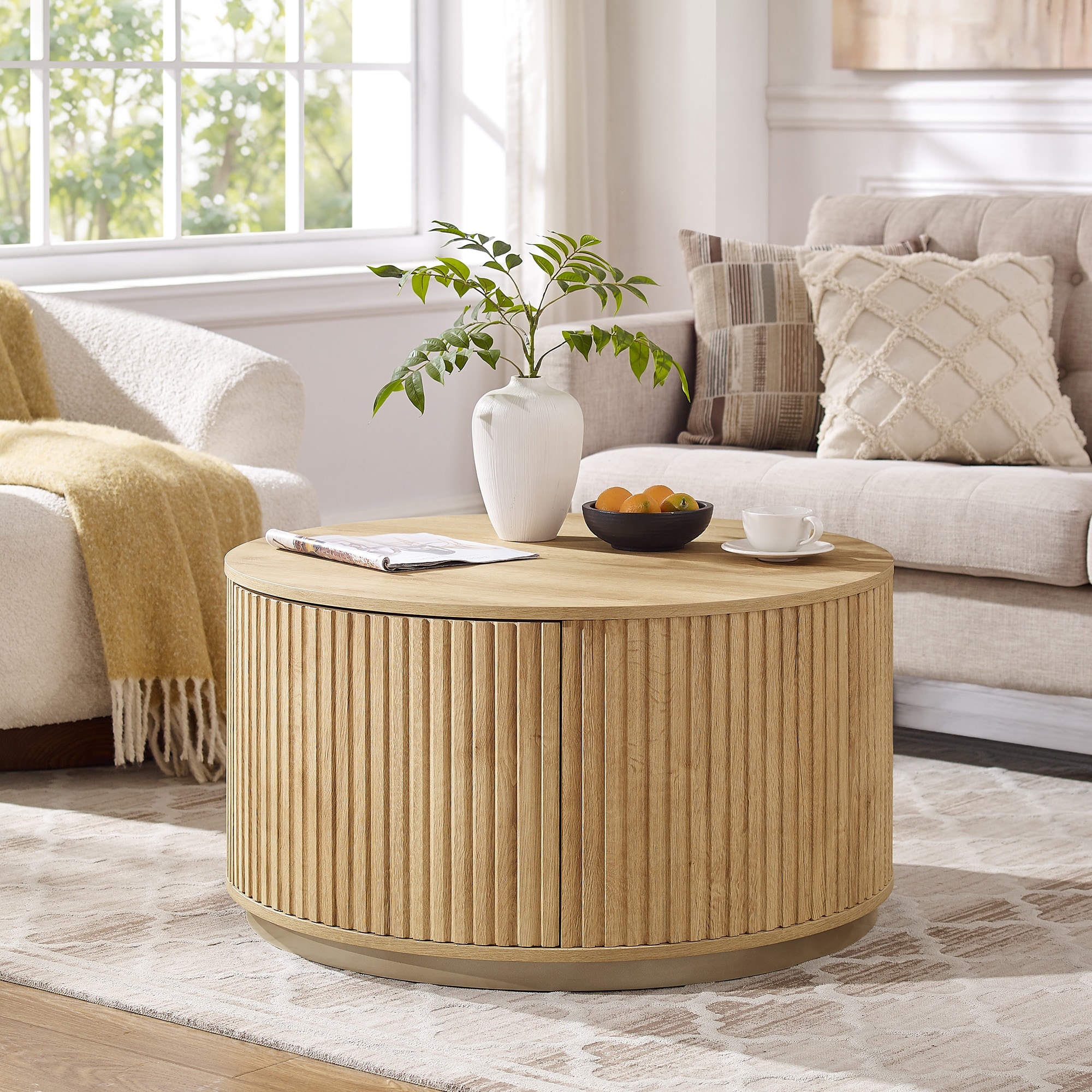 Fluted Coffee Table with Drawer, Modern Center table for Living Room