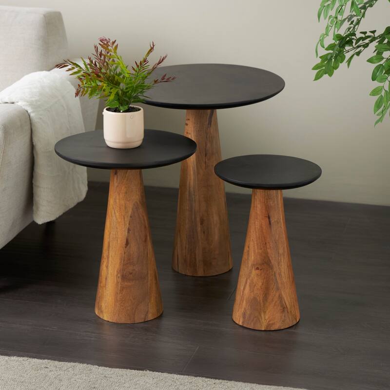 Brown Mango Wood Handmade Cone Shaped Accent Table with Black Tabletops (Set of 3) - Brown