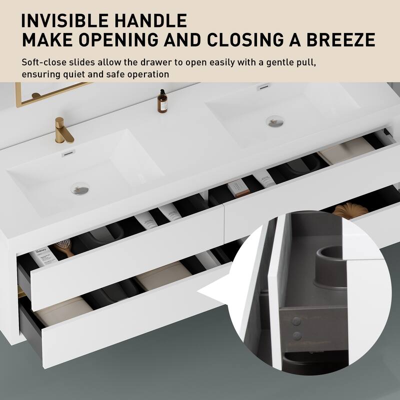GDFStudio - Maxwell Floating Bathroom Vanity with Stone Resin Countertop & Soft-Close Drawers