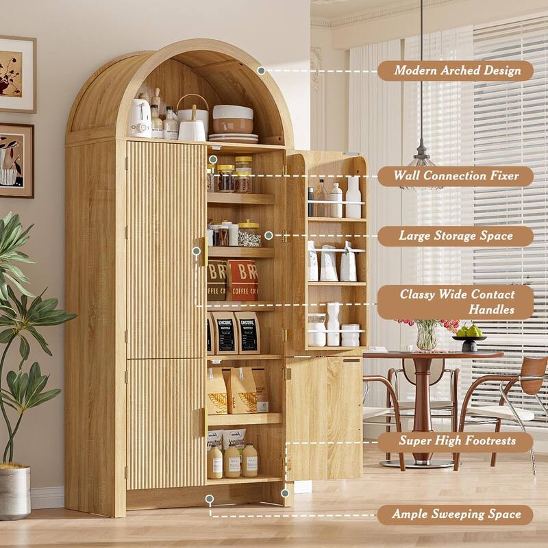 BOSSIN 71" Arched Fluted Door Pantry Cabinet, 9-Shelf Storage Organizer for Kitchen,Bathroom,Natural Wood Finish