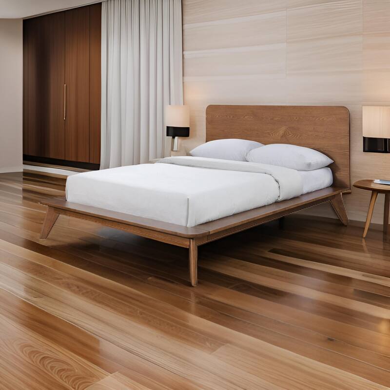 Stacy Queen Size Platform Bed, Panel Headboard, Walnut Brown Solid Wood