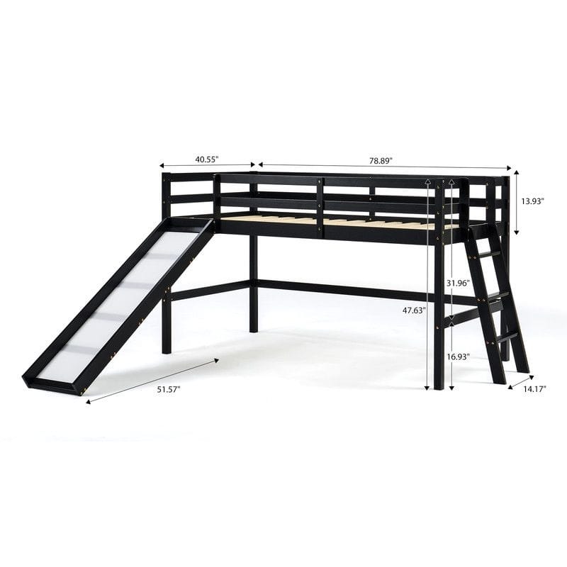 Loft Bed with Slide, Twin, Space Saving Kids Low Loft Bed with Guardrail and Ladder