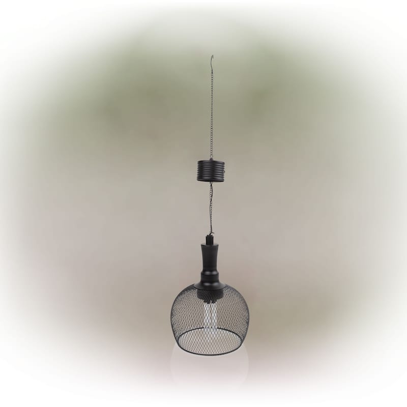 Alpine Corporation 10" Tall Hanging Solar Powered Outdoor Mesh Lantern with LED Lights, Black
