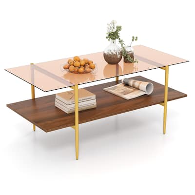 Gymax 2-Tier Glass Coffee Table w/ Tampered Glass Tabletop & Open