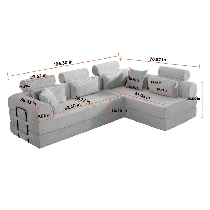 106.3" L-Shaped Corduroy Sectional Sofa with Pillows, No Assembly Required