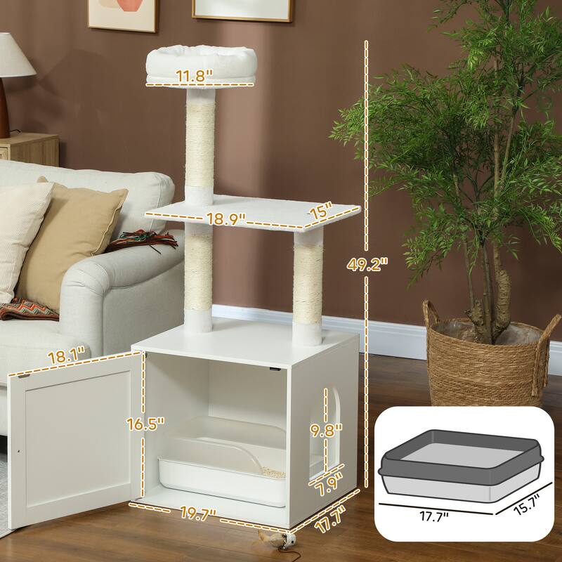 PawHut Cat Tree with Litter Box Enclosure, 2-in-1 Cat Tower for Indoor Kittens with Scratching Posts, Bed, Climbing Platforms