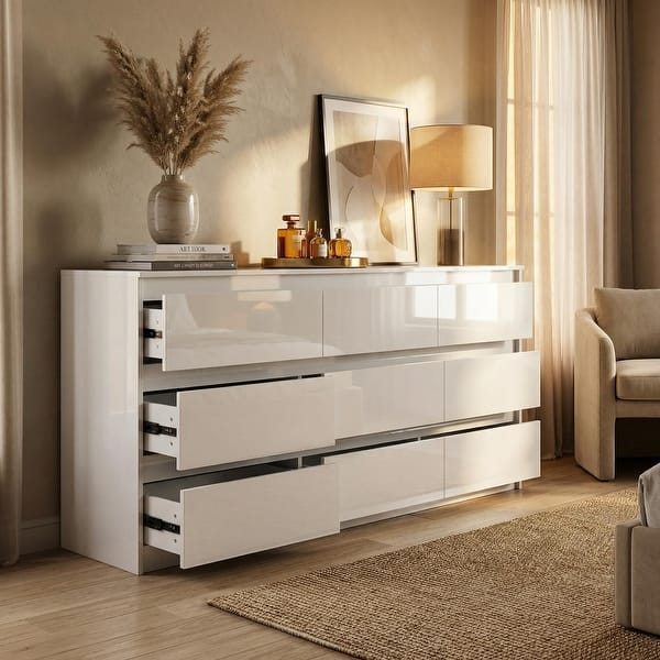 63" White High Gloss Dresser with 9 Drawers, Modern Bedroom Storage Cabinet  with PET Finish, Long Double Dresser - Bed Bath & Beyond - 44042619