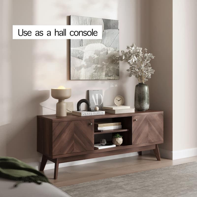 Living Skog Scandi Mid-Century Modern Herringbone TV Stand for TV Up to 65 Inches with Wooden Legs