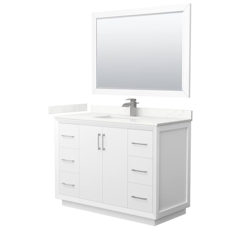 Strada 48-inch Single Vanity, Quartz Top, 46-inch Mirror - White, Nickel Trim, Giotto Quartz Top