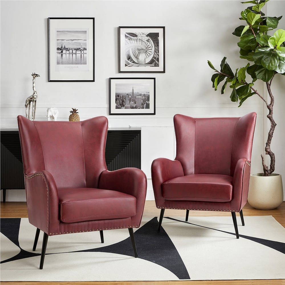 Invidiae Glam Faux Leather Wingback Armchair with Metal Legs Set of 2 by HULALA HOME