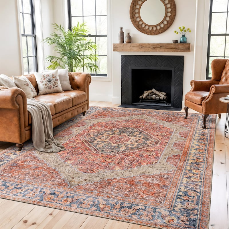 Medallion Flat Pile Washable Area Rug, Pet Friendly & Non-Slip - 7'7" x 9'6" - Red