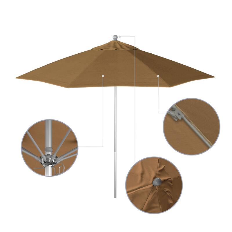 California Umbrella 9' Rd. Aluminum Frame, Fiberglass Rib Patio Umbrella, Push Open,Anodized Silver Finish, Sunbrella Fabric