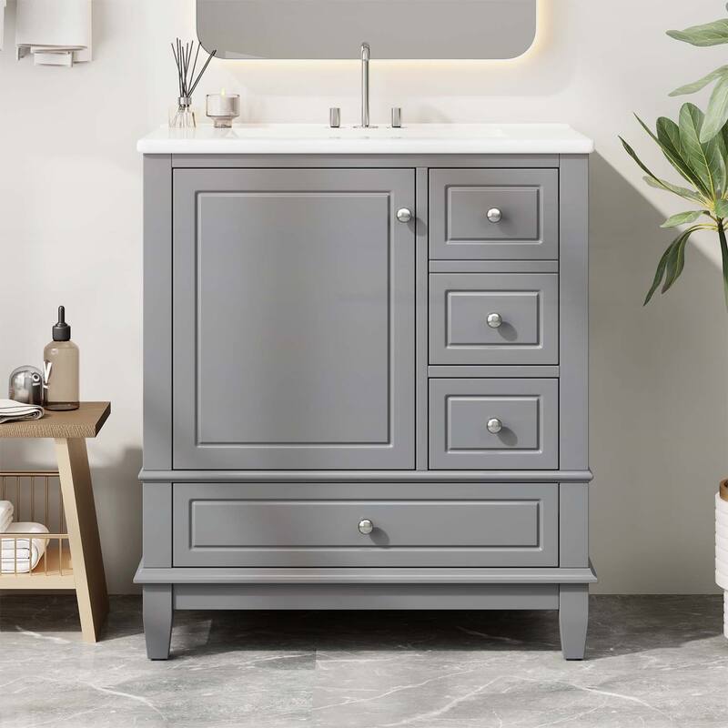 Bathroom Vanity Cabinet with Sink,One Door with Shelf and Three Drawers,Soft Close Door - Grey