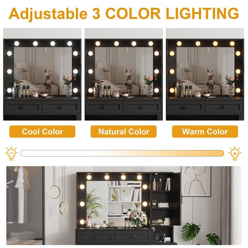 Lighted Makeup Vanity Desk with 10 LED Lights, 3 Colors, Charging Station & Stool