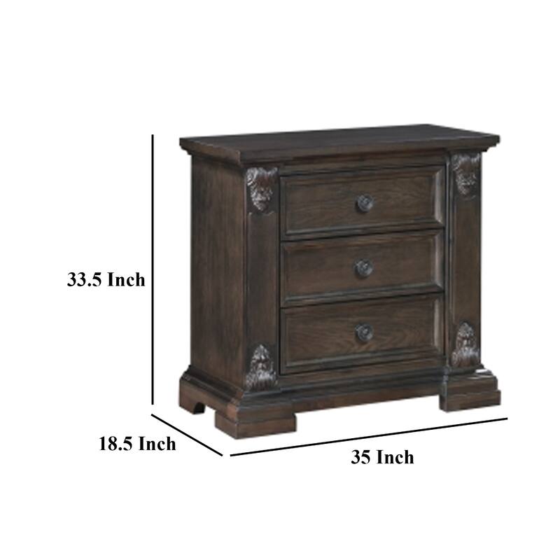 Walz Nightstand, 3 Drawers, Espresso Brown Oak Veneer, Black Knobs