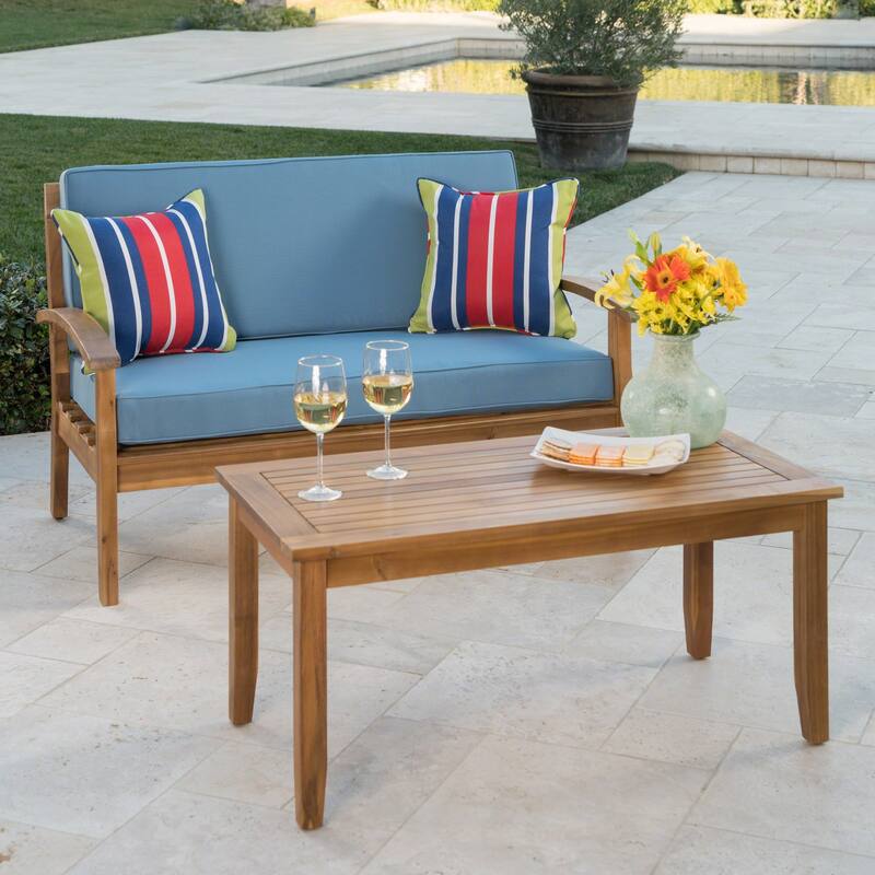2-Piece Wood Outdoor Patio Loveseat with Coffee Table and Blue Cushion
