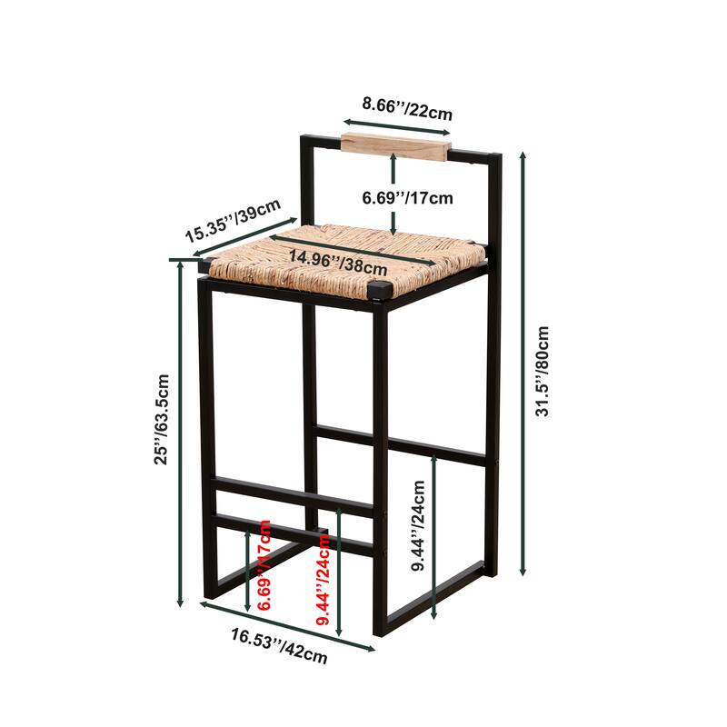 Set of 2 Water Hyacinth Woven Bar Stools with Back Support, Counter Height Dining Chairs for Kitchen & Office