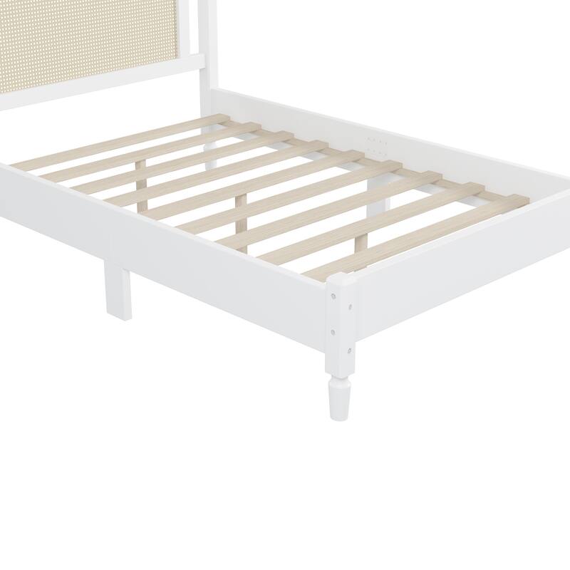 Wooden Platform Bed with Rattan Headboard Curved Wingback Bed Vintage Bed Frame Wood Slat Support Bed with Underbed Storage