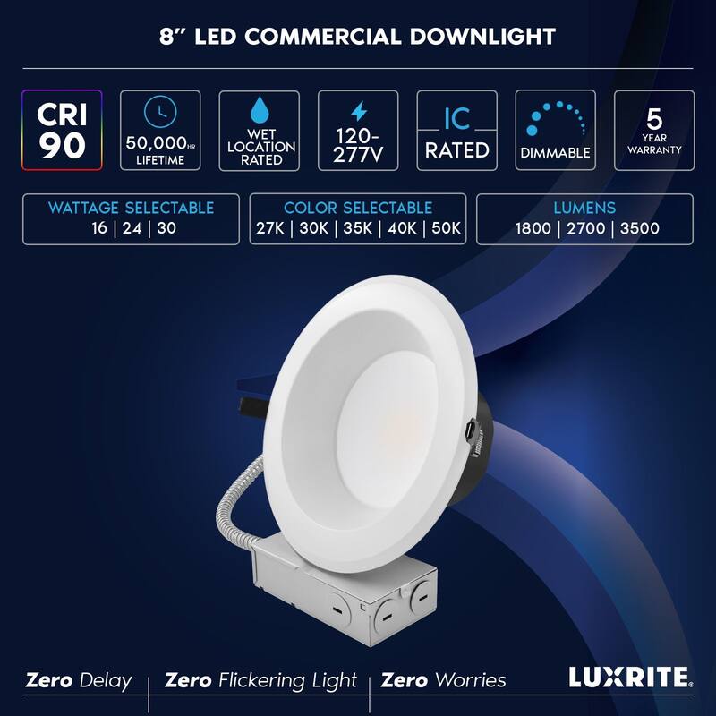 LUXRITE 8 in. Commercial LED Recessed Light J-Box 5CCT 16/24/30W Dimmable 1800/2700/3500LM 120-277V Wet Rated