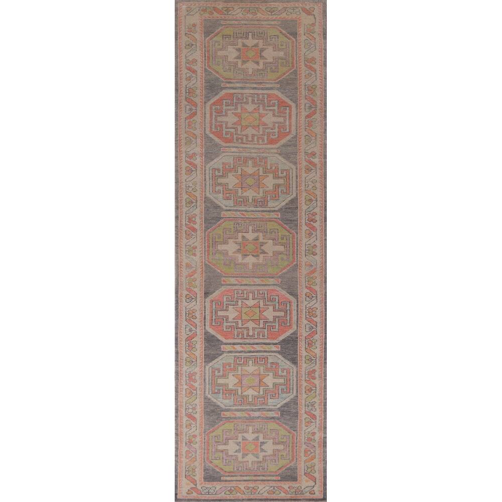 Hand Knotted Oriental 100% Wool Carpet Transitional Geometric Greys & Charcoal Oushak Runner Rug - 13' 0'' X 3' 1''