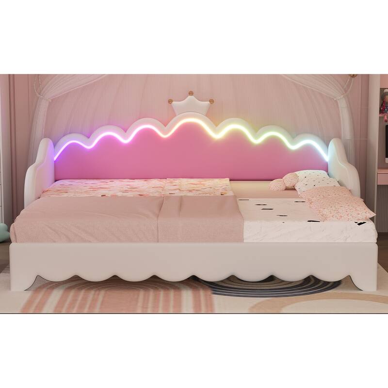 White Twin Princess Upholstered Daybed with LED & Crown Headboard