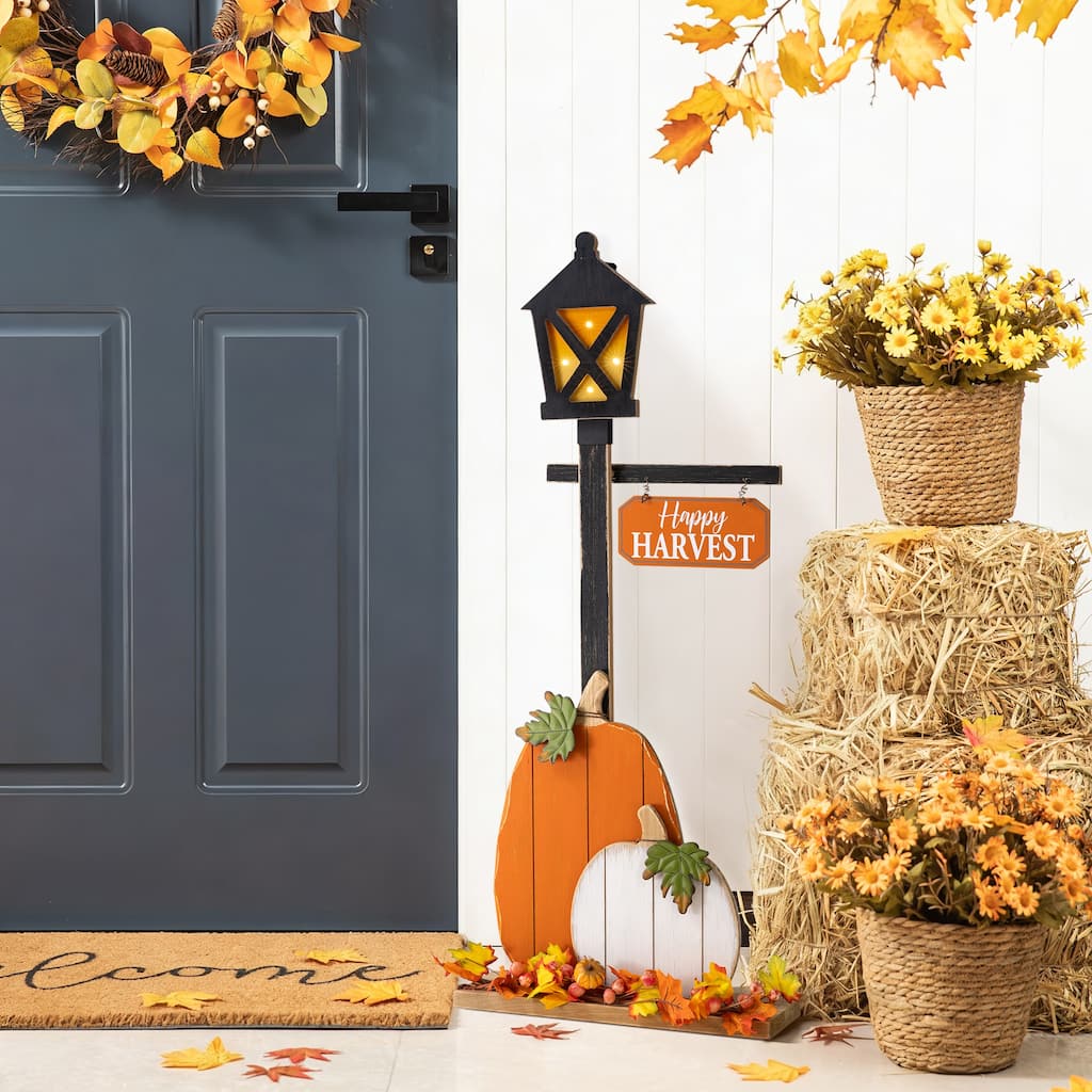 Glitzhome 36"H Fall Lighted Wooden Pumpkin Lamp Post Porch Decor w/Timer - 36''H