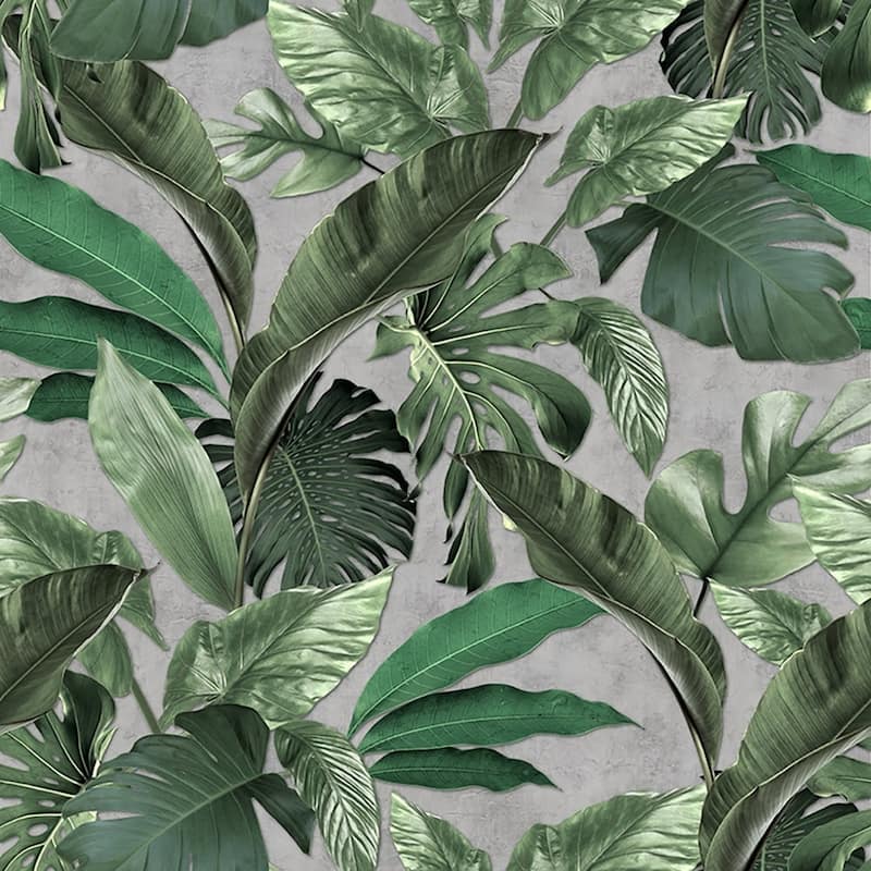 Galerie Wallcoverings The Loft Collection Tropical Leaf 3-Panel Wall Mural - 8.8-feet high x 62.5-inches wide - Grey